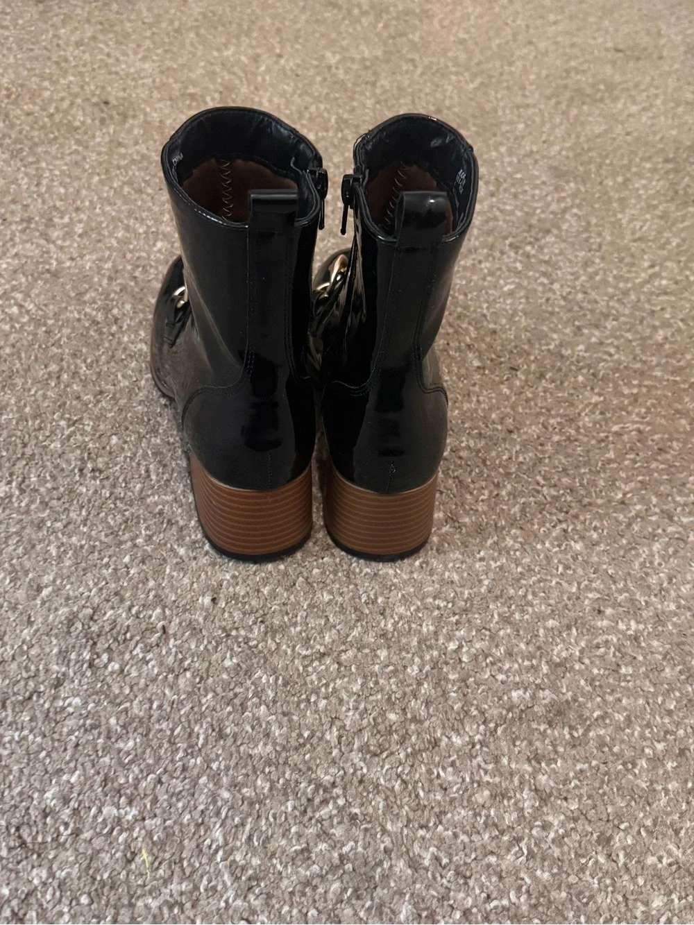 Steve Madden Black Patent Ankle Boots with Gold Chain Accent